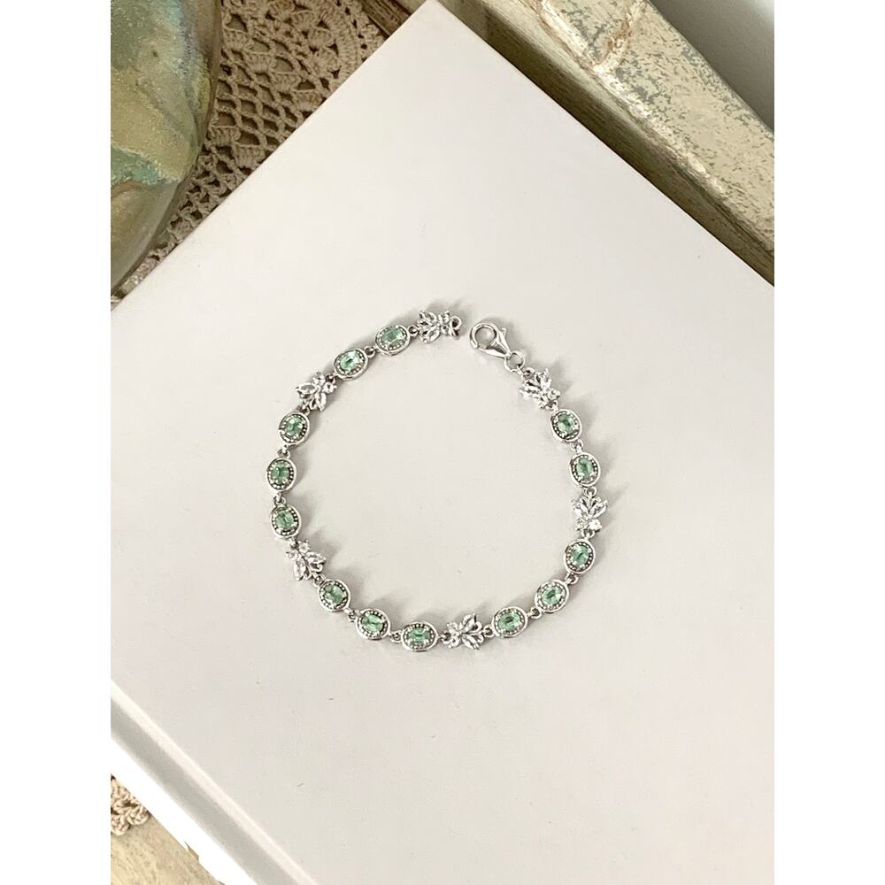 Vintage Sterling Silver Tennis Bracelet Green Stones Butterfly Links 925 Size 7